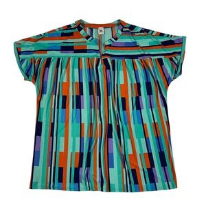 Sew In Love Womens Large Geometric Abstract Print Split Neck Short Sleeve Blouse